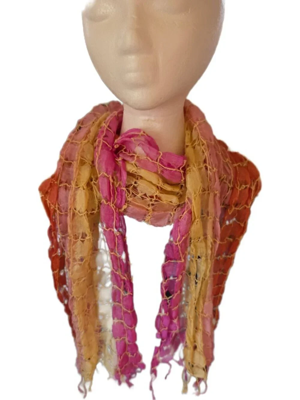 100% Silk Lattice Scarf Ombre Boho Belt Orange Pink Fuchsia Yellow